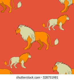Vector seamless pattern with lions on orange background. Good for packaging, textile design and print design
