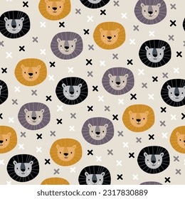 Vector seamless pattern with lion.Tropical jungle cartoon creatures.Pastel animals background.Cute natural pattern for fabric, childrens clothing,textiles,wrapping paper.