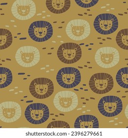 Vector seamless pattern with lion.Tropical jungle cartoon creatures.Pastel animals background.Cute natural pattern for fabric, childrens clothing,textiles,wrapping paper.