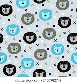 Vector seamless pattern with lion.Tropical jungle cartoon creatures.Pastel animals background.Cute natural pattern for fabric, childrens clothing,textiles,wrapping paper.