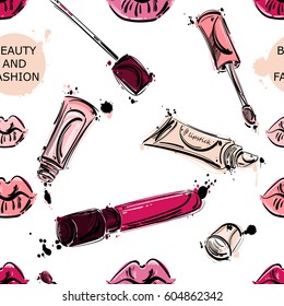 Vector seamless pattern with lip gloss. Beauty and fashion. Fashion illustration. Beauty saloon. Glamour