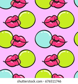 vector seamless vector pattern with lips blowing bubble gum