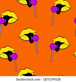 Vector seamless pattern of lips and chupa-chups.