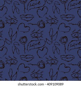 Vector seamless pattern. Lips, eyes, flower, leaves, heart (5)