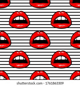 Vector seamless pattern with lips on geometric background. Hand drawn illustration. Texture for print.