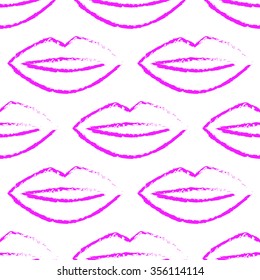 Vector seamless pattern with lips outlines on white background. Pink lips background. Seamless kisses pattern. Romantic background. Valentine's Day seamless background. Monochrome romantic pattern.