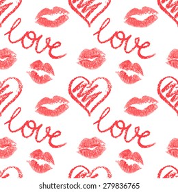 Vector seamless pattern, lips prints on white background