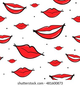 Vector seamless pattern with lips, smiling mouth. Hand drawn cute and fun fashion illustration sketch patches or stickers. Modern doodle pop art endless design