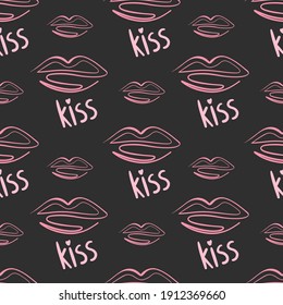 Vector seamless pattern with lips and text kiss, hand-drawn pink elements on a dark background. Valentine's day 
