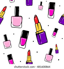 Vector seamless pattern with lipstick, nail polish. Hand drawn cute and fun fashion illustration sketch patches or stickers. Modern doodle pop art endless lipstick and nail polish design