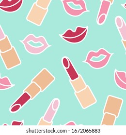 Vector seamless pattern : lipstics and lips. Red, pink, beige on light blue. Simple tender beauty design for decor textile, fabric, wrapping paper, wallpaper.