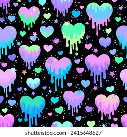 Vector seamless pattern of liquid flowing colorful hearts