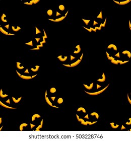 Vector seamless pattern with lit Jack-O-Lantern faces on a black background.