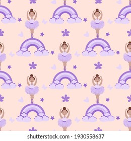 vector seamless pattern with a little ballerina on a rainbow with hearts and butterflies