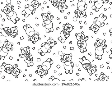 Vector seamless pattern of little bears cartoons, black silhouette. Cute Teddies  seamless background.