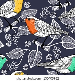 vector seamless pattern with little birds on an abstract floral background