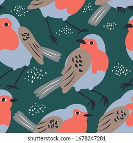 Vector seamless pattern with little birds robins in trendy colors