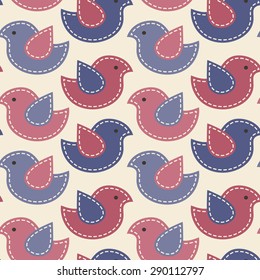 Vector seamless pattern -  little birds with light seams. Cute cartoon childish pattern. Soft desaturated colors (red, blue and a light tan background)