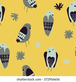 Vector seamless pattern with little birds and flowers on a colorful background. Can be used for wallpaper, pattern fills, web page background, surface textures.