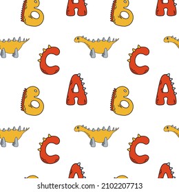 Vector seamless pattern with little cartoon Dino and abc in yellow and red colors. Nice illustration for wrapping paper, wallpaper, fabric, textile, stationeries.