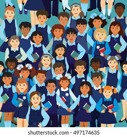 Vector seamless pattern. A lot of little children different nationality in a school uniform on a blue background
