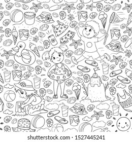 Vector seamless pattern with little chilren. Family summer vacations. Beach, ocean, island, sun. Kids play. Swimming and relaxation.