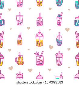 Vector seamless pattern,  Little cups of boba tea and hearts