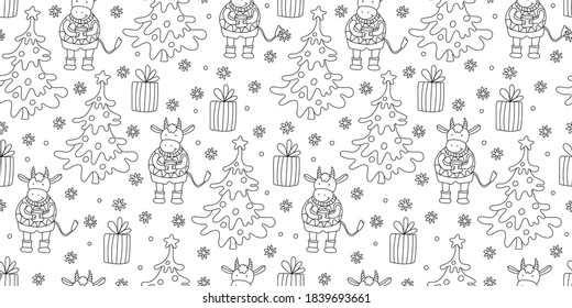 Vector seamless pattern with little cute bulls with mugs of tea, Christmas trees, snowflakes and gift boxes. White background. Doodle sketch style. Black outline. Great for fabrics, wrapping papers. 