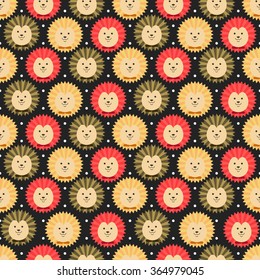 Vector seamless pattern with little cute hedgehogs and dots on the black. Cartoon animal background. Childish forest illustration. Lovely design for kids.