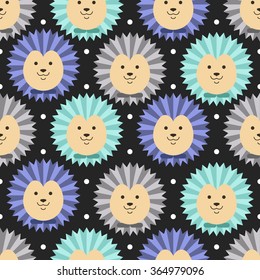 Vector seamless pattern with little cute hedgehogs and dots on the black. Cartoon animal background. Childish forest illustration. Lovely design for kids.