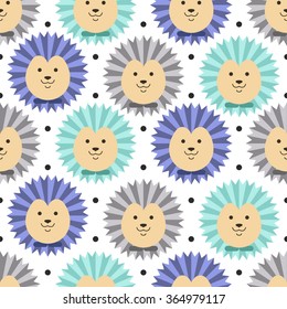 Vector seamless pattern with little cute hedgehogs and dots on the white. Cartoon animal background. Childish forest illustration. Lovely design for kids.