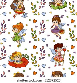 Vector seamless pattern with little fairies on white background