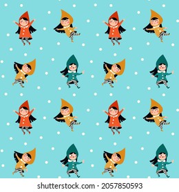 Patrón vectorial sin fisuras con pequeños bailes de hadas o de pixie, sonrientes y copos de nieve. Papel envuelto o decoración. Niños textiles.