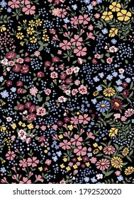 Vector Seamless Pattern Of Little Flowers On Black Background, Millefleurs, Romantic Mood. 70s Fashion