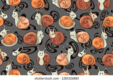 Vector seamless pattern with little funny snail isolated on gray background. For kids.