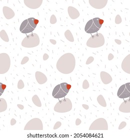 Patrón vectorial sin fisuras con pequeños pájaros graciosos en un fondo claro. Gris, rosa y marrón roja. Adecuado para tarjetas, papel y otros