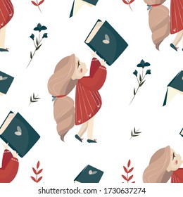 Vector seamless pattern with little girl and books. Back to school.