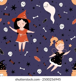 Patrón sin fisuras de Vector con niñas pequeñas en trajes de bruja y hada. Lindo patrón de halloween en estilo de dibujos animados dibujados a mano. Ilustración mágica con caldero, poción, cráneo, estrellas, caramelo, huesos