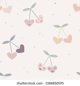 Vector seamless pattern with little heart shaped cherries. Creative scandinavian childish background for Valentine's Day. Cute berry character backdrop for wrapping paper, textile, fabric, card making