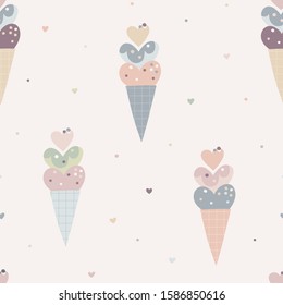 Vector seamless pattern with little heart shaped cherries. Creative scandinavian childish background for Valentine's Day. Cute sweet backdrop for wrapping paper, textile, fabric, card making.