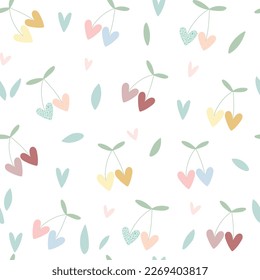 Vector seamless pattern with little heart shaped cherries. Creative scandinavian childish background for Valentine's Day. Cute berry character backdrop for wrapping paper, textile, fabric, card making