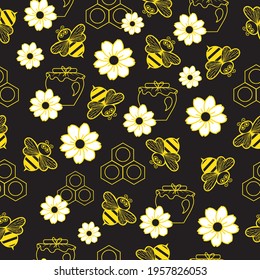 vector seamless pattern little honey bees with honey flowers Yellow on black background, chalk board honey jar honeycomb doodle illustration cartoon characters for printing on textiles and packaging 