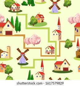 Vector seamless pattern with little houses, windmill, trees in bloom, cypresses and roads. Village background in cartoon style for apparel, textile, prints, wrapping paper.