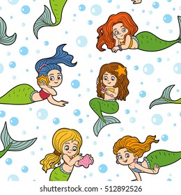 Vector seamless pattern with little mermaids on white background