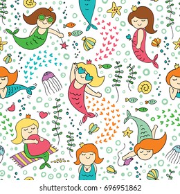 Vector seamless pattern with little mermaids