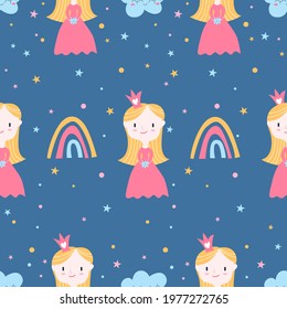 Vector seamless pattern with little princess, rainbow and cloud on a blue background. Perfect for a poster, nursery clothing, postcard, print.