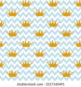 Vector seamless pattern. Little Princess paper wrapping. On zigzag white-blue background. It's a boy, shower, welcome, baby, wrap, paper, gift, present, cloth, fabric, new year, and Christmas concept.