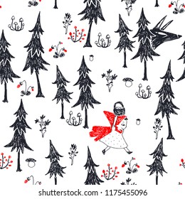 Vector seamless pattern with Little Red Riding Hood and Wolf in forest. Hand drawn texture with fairy tale characters in sketch style.