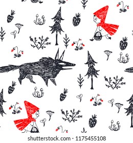Vector seamless pattern with Little Red Riding Hood and Wolf. Hand drawn texture with fairy tale characters isolated on white in sketch style.