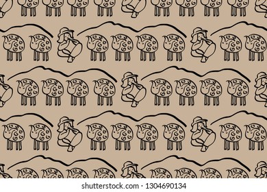 Vector seamless pattern. Little shepherd and lambs on a coffee background.